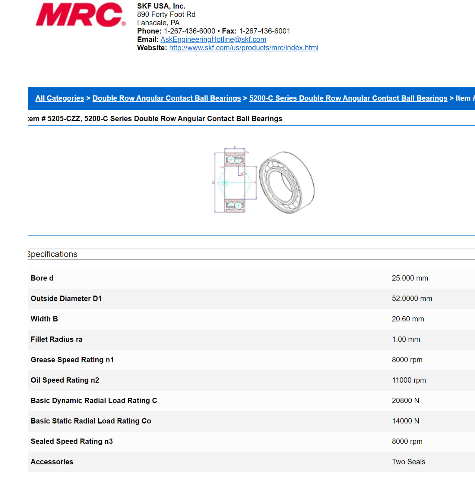 One (1) MRC 5205 CZZ Double Row Angular Contact Bearing 25 MM ID NEW
