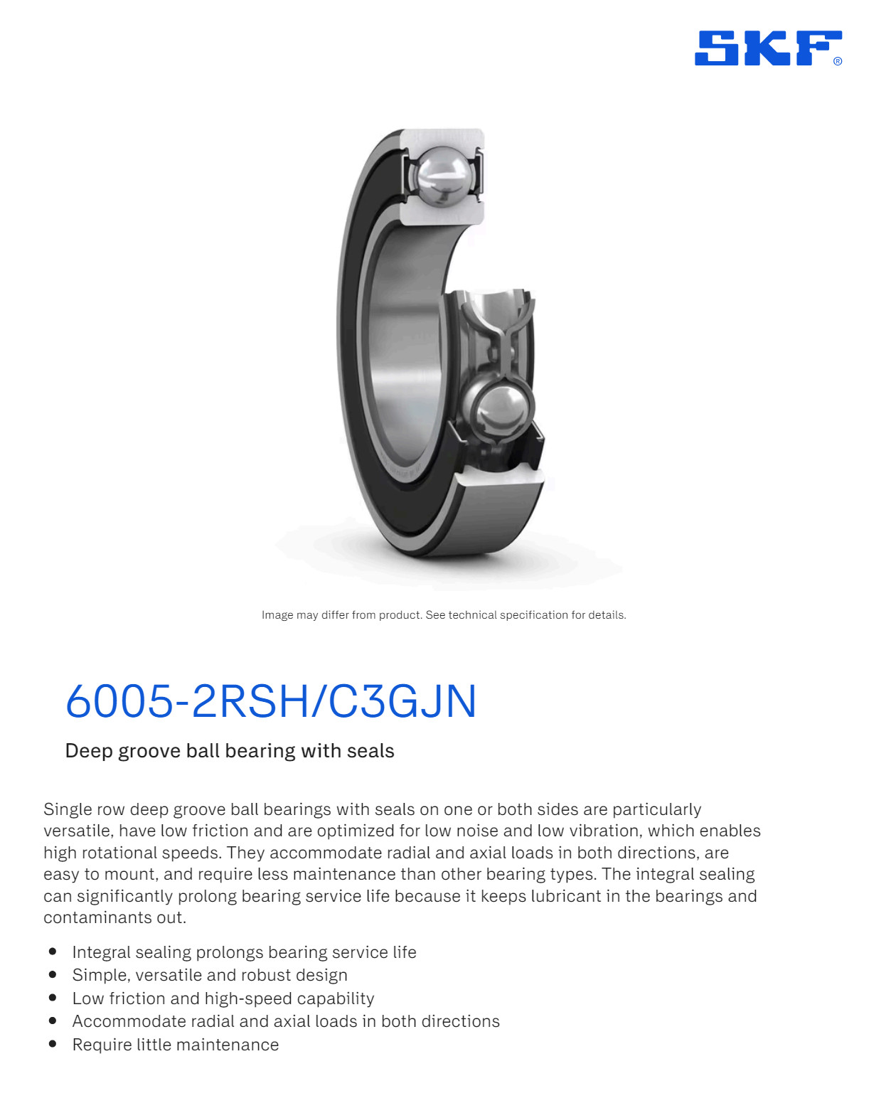 One (1) SKF 6005 2RSJEM Deep Groove Bearing 25MM ID 6005 2RSH/C3GJN