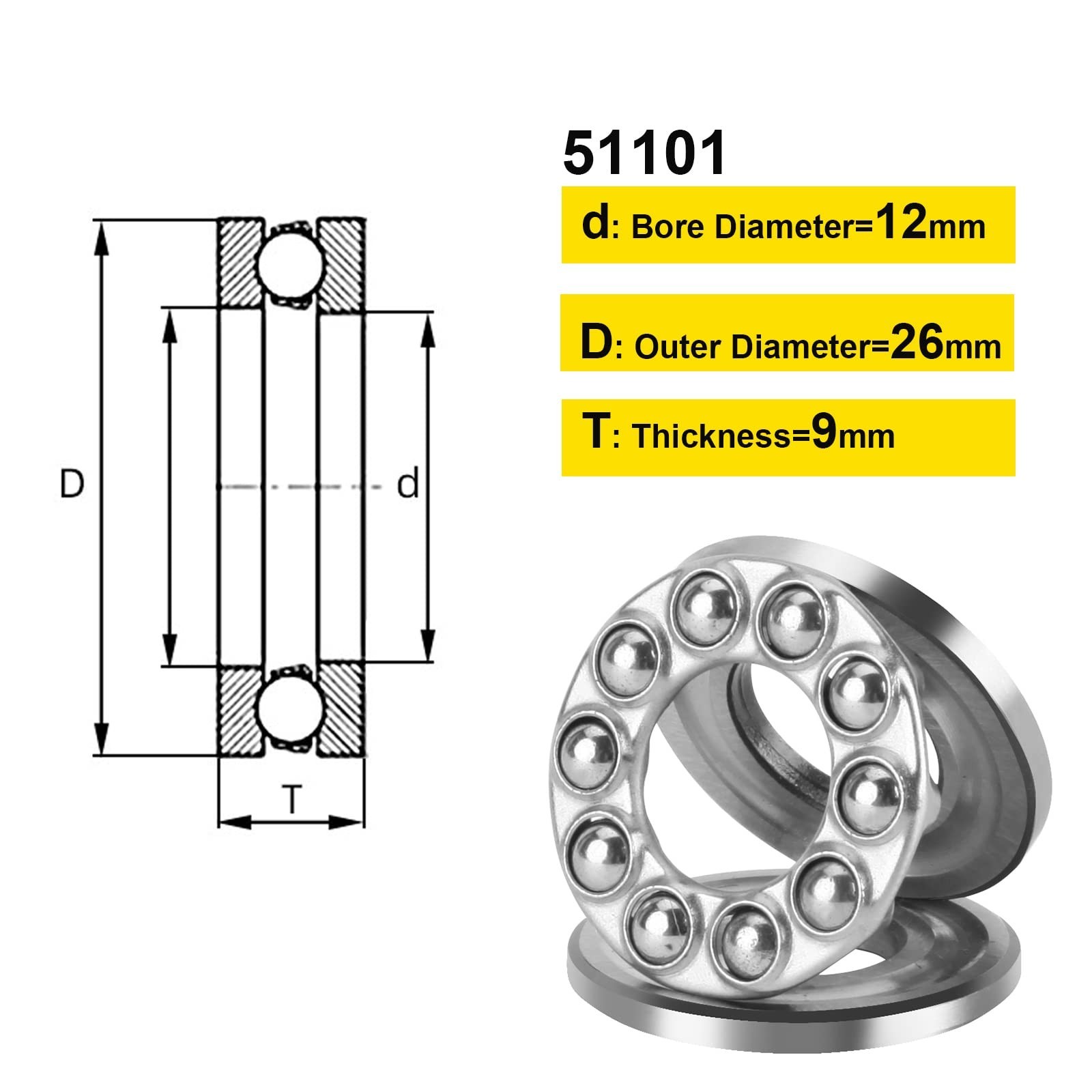 Thrust Ball Bearings, 4pcs 51101 Plane Axial Ball Bearing 3-in-1, 12mm x 26mm…