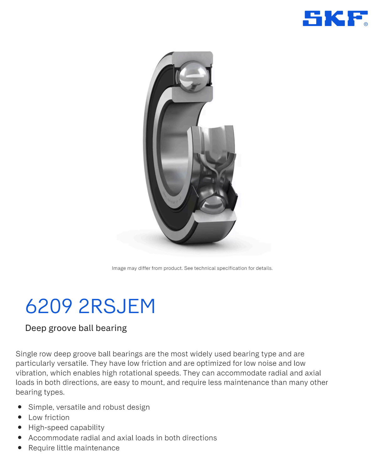 One SKF 6209 2RSJEM Deep Groove Bearing 45MM ID USA 6209 2RS/C3 Paper Pkg NEW