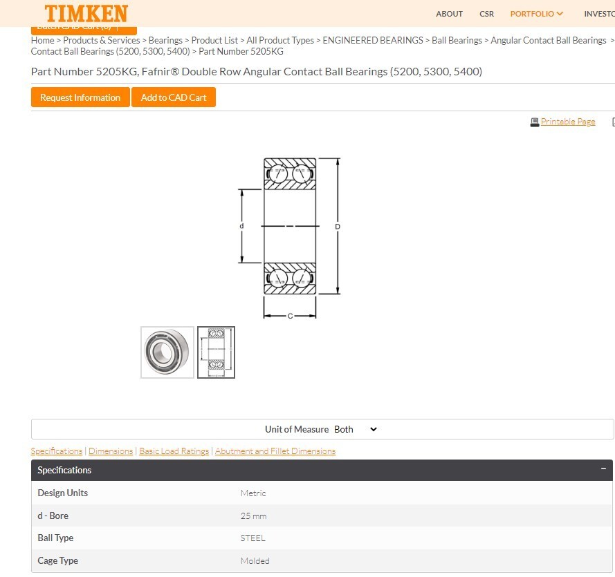 One (1) Timken 5205 KG Angular Contact Bearing 25 MM ID USA New