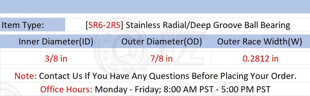[Qty.10] SR6-2RS Stainless Steel Radial Bearing [3/8″ ID x 7/8″ OD x 0.2812″ W]
