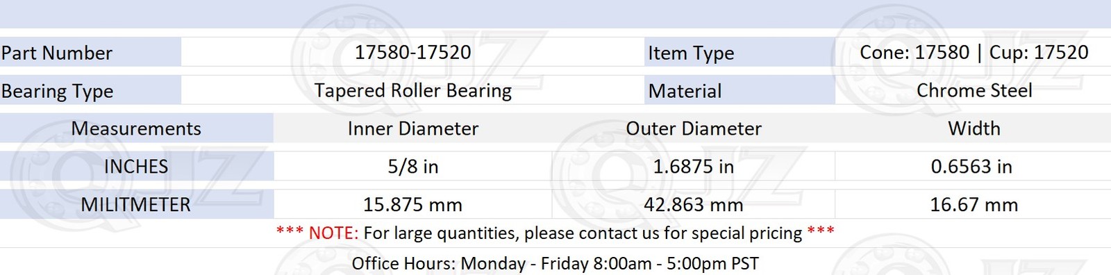 [1-Pack] 17580-17520 Tapered Roller Bearing 5/8″ x 1.6875″ x 0.6563″ (IDxODxW)
