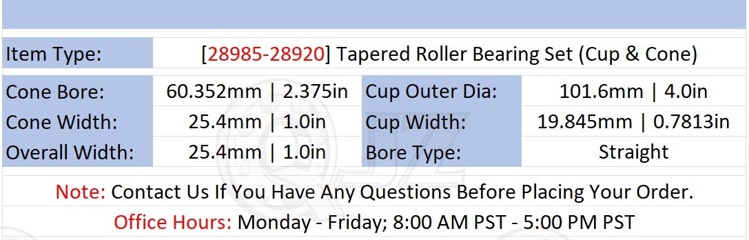 [Qty.1] 28985-28920 Tapered Roller Bearing Set Cup & Cone [2-3/8″ ID x 1.0″ W]