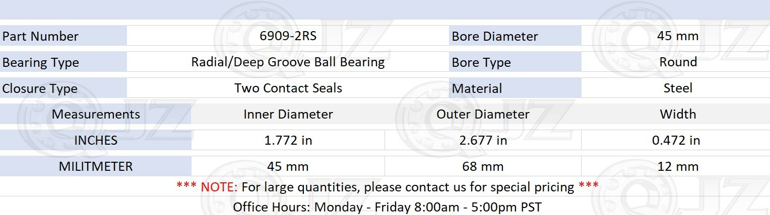 [50-Pk] 6909-2RS Radial/Deep Groove Ball Bearing 45mm x 68mm x 12mm Rubber Seal