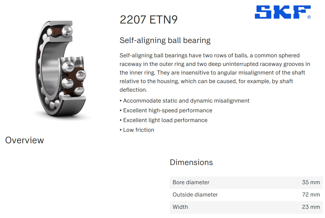 Two (2) SKF 2207 ETN9 Self Aligning Bearing 35 MM ID USA