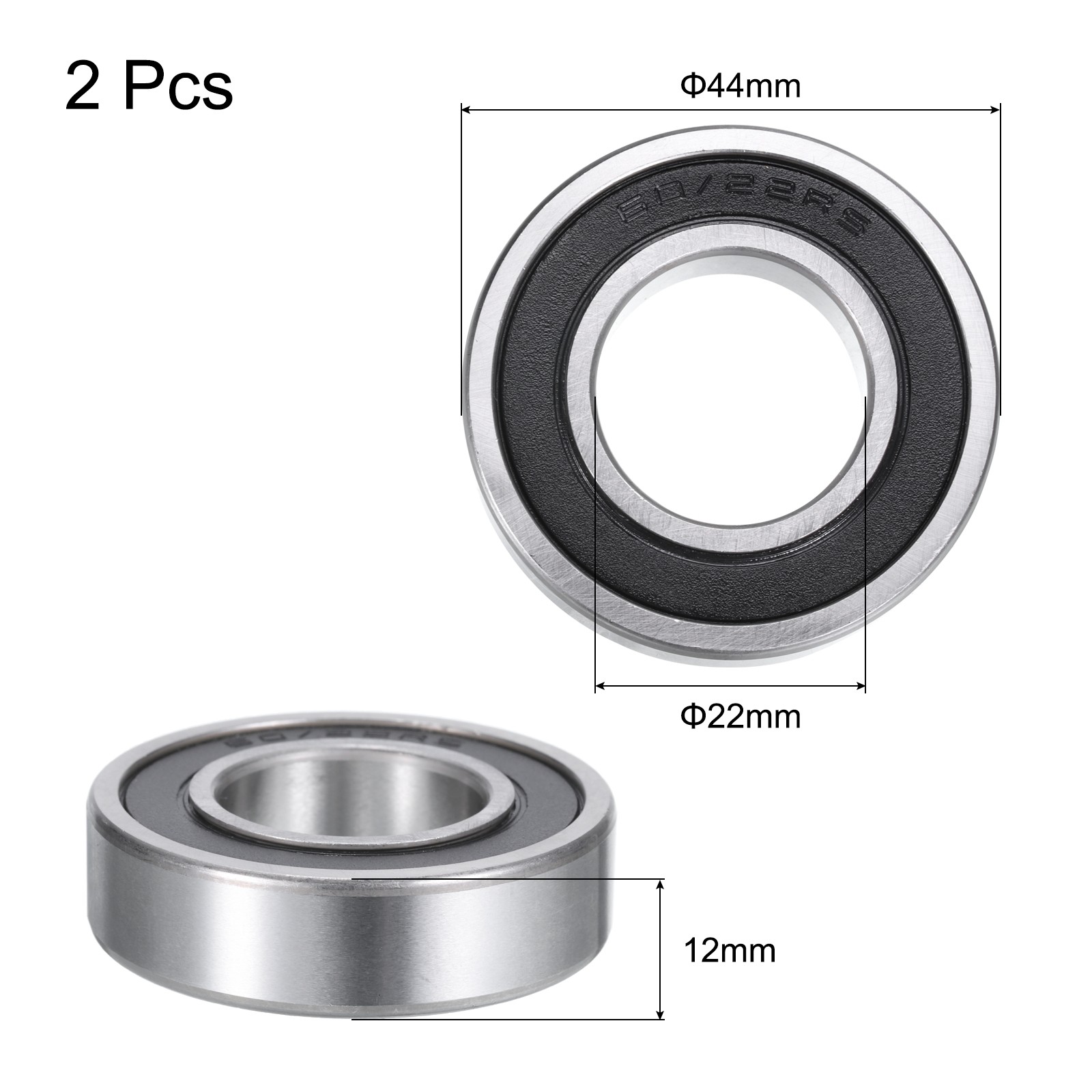 Deep Groove Ball Bearings 60/22-2RS,22x44x12mm Rubber Seal Bearings 2PCS