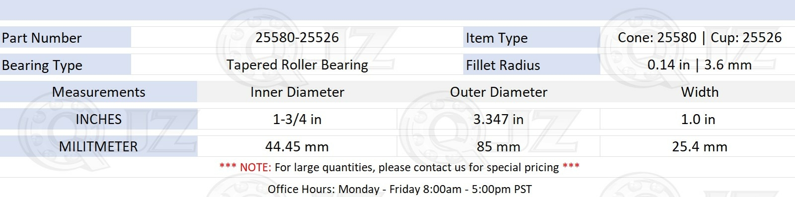 [2-Pack] 25580-25526 Tapered Roller Bearing Set 1-3/4″ x 3.347″ x 1.0″ (IDxODxW)