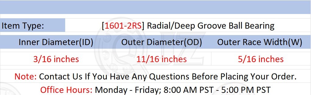 [Qty.5] 1601-2RS Radial/Deep Groove Ball Bearing [3/16″ ID x 11/16″OD x 5/16″ W]
