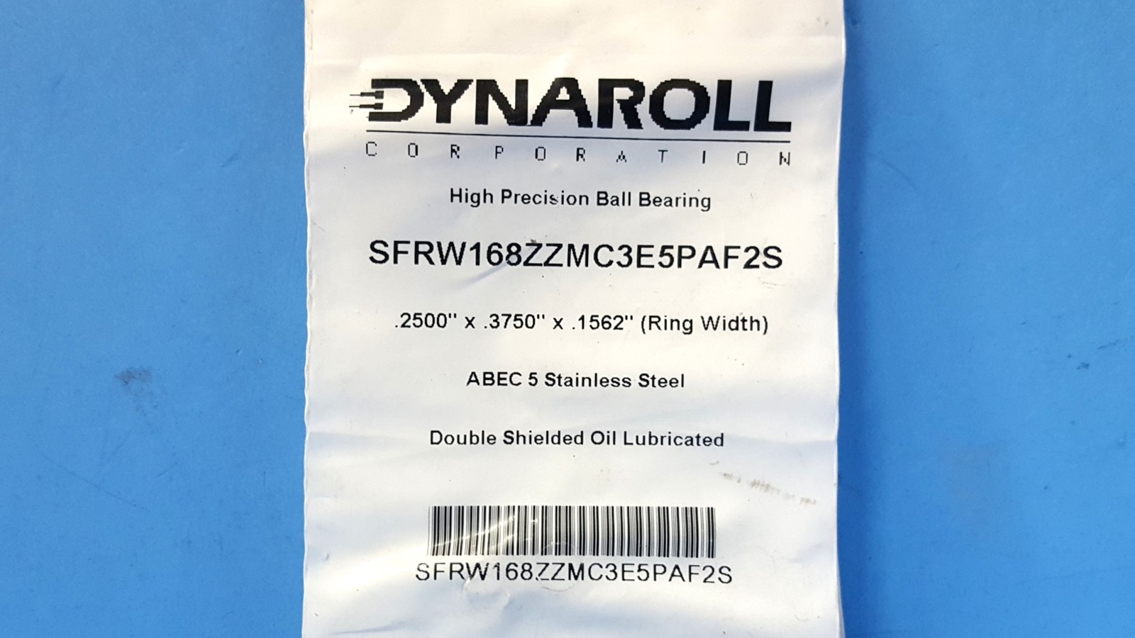 One- Precision Ball Bearing, SFRW168ZZMC3E5PAF2S, DYNAROLL, 0.25″x0.375″x0.1562″