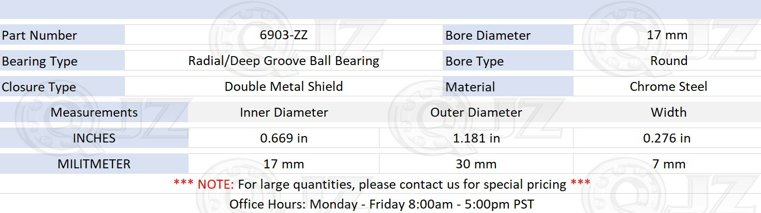 [10-Pk] 6903-ZZ Radial/Deep Groove Ball Bearing 17mm x 30mm x 7mm Double Shield