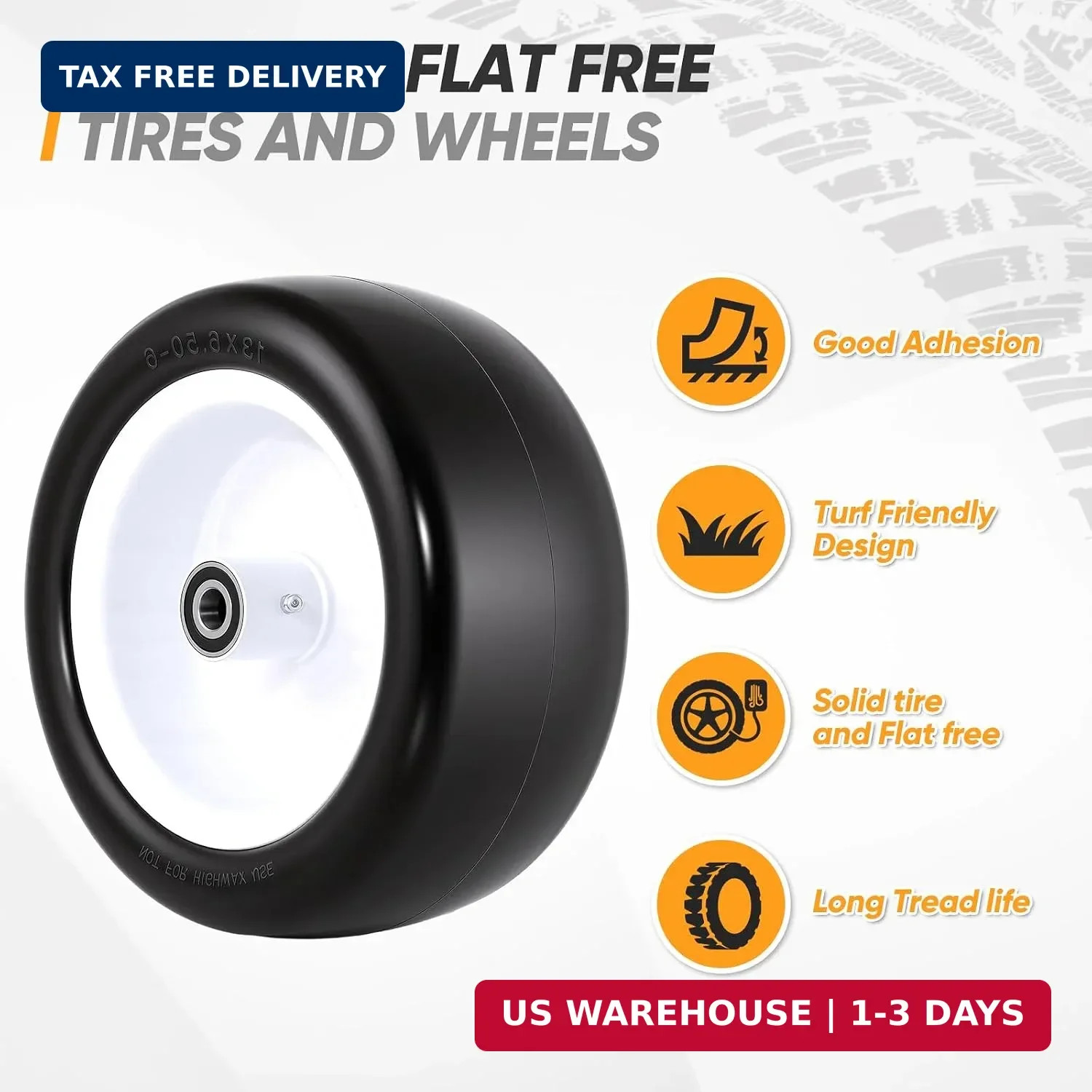 13×6.50-6 Flat Free Lawn Mower Tires and Wheels, 1/2″ 3/4″ 5/8″ Ball Bearings, 1