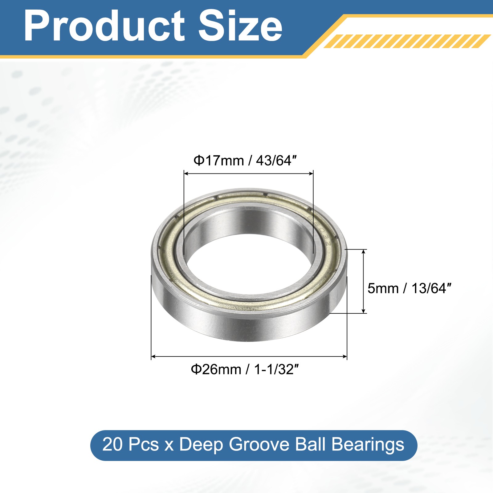 20Pcs 6803-ZZ Deep Groove Bearing, 17x26x5mm Metal Double Sealed Bearing