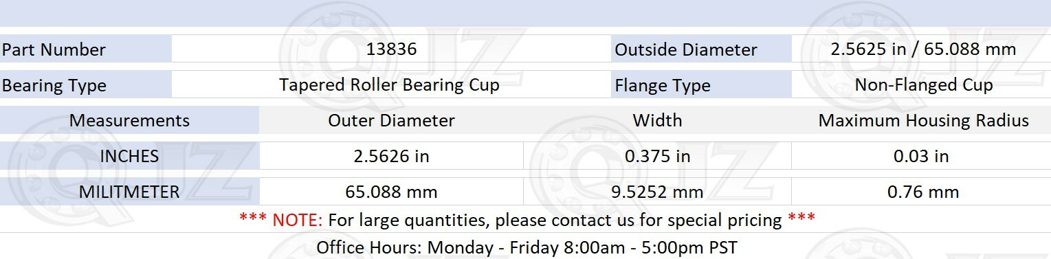 [1x] 13836 Tapered Roller Outer Single Cup 2.56in x 0.375in x 0.13in (ODxWxMSR)