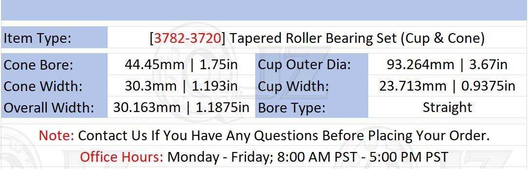 [Qty.2] 3782-3720 Tapered Roller Bearing Set Cup & Cone [1-3/4″ ID x 30.163mm W]