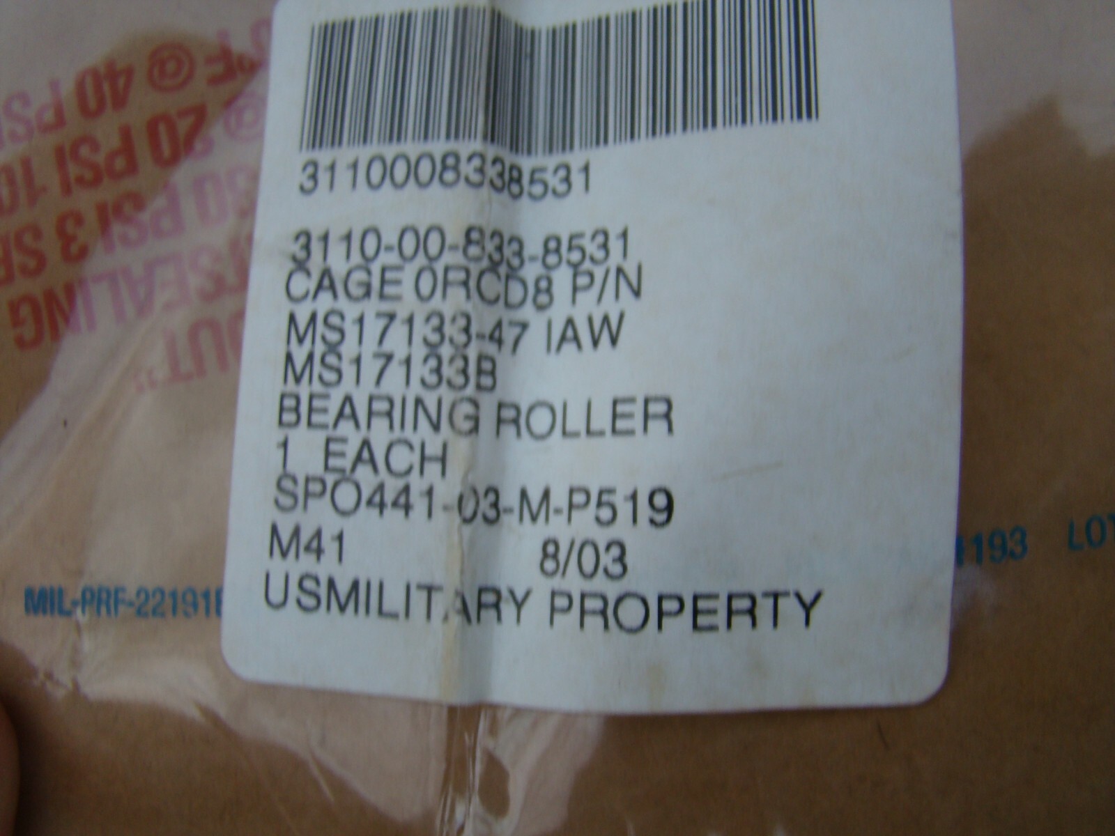 SELF-ALIGNING ROLLER BEARING NSN: 3110-00-833-8531, MS17133-47 New