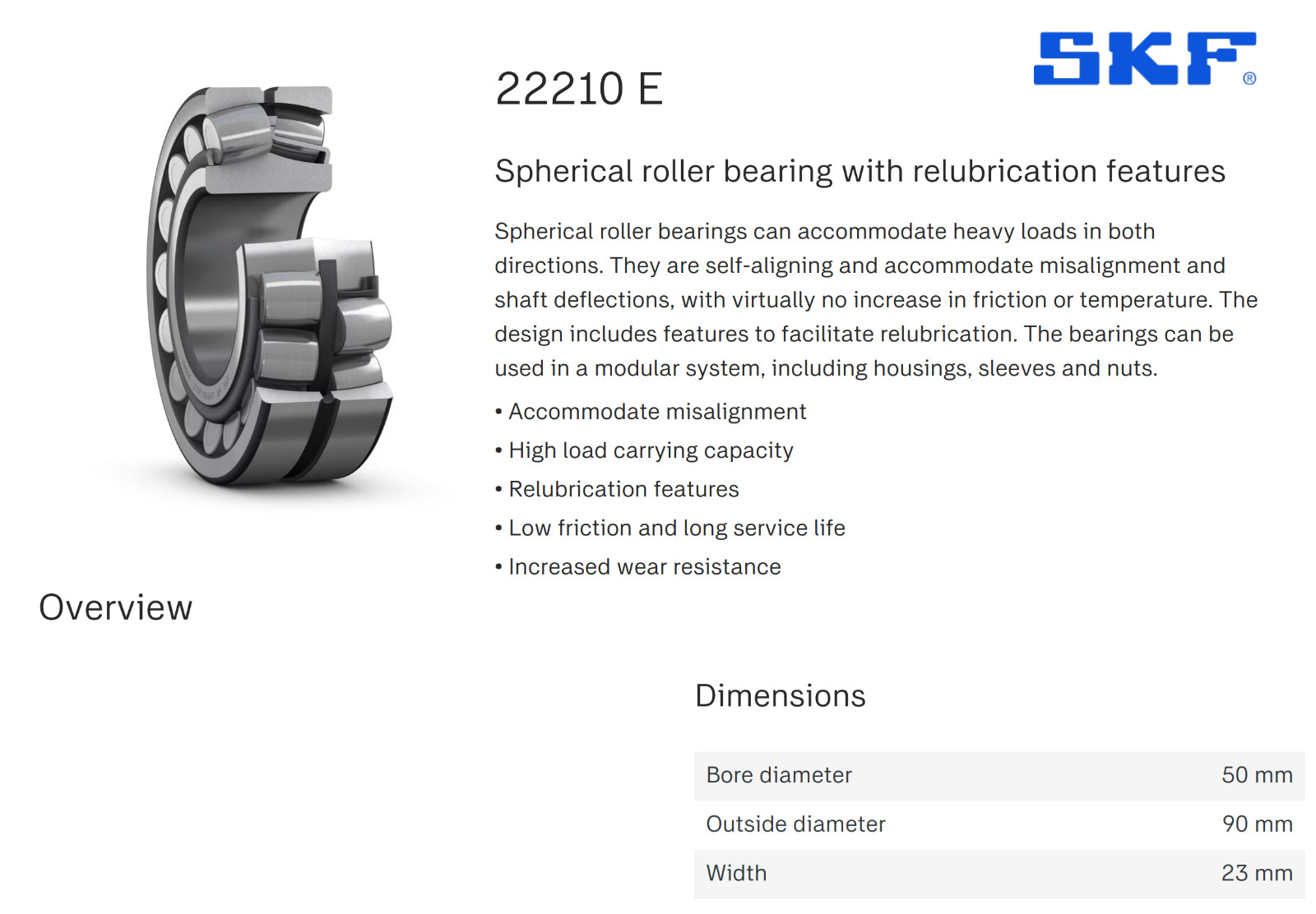 One (1) SKF 22210 E Explorer Spherical Roller Bearing 50 MM Great Britain NEW