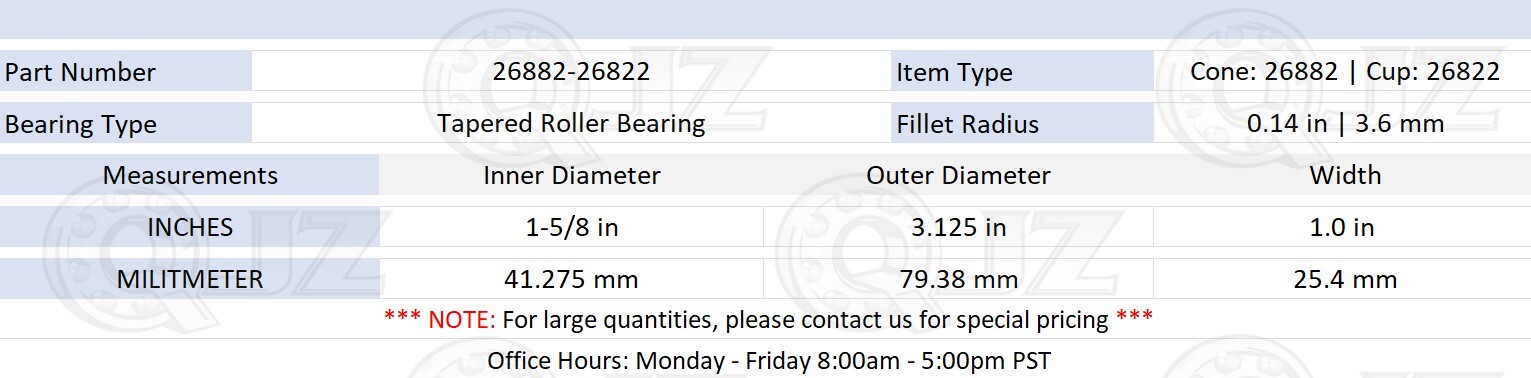 [1-Pack] 26882-26822 Tapered Roller Bearing Set 1-5/8″ x 3.125″ x 1.0″ (IDxODxW)