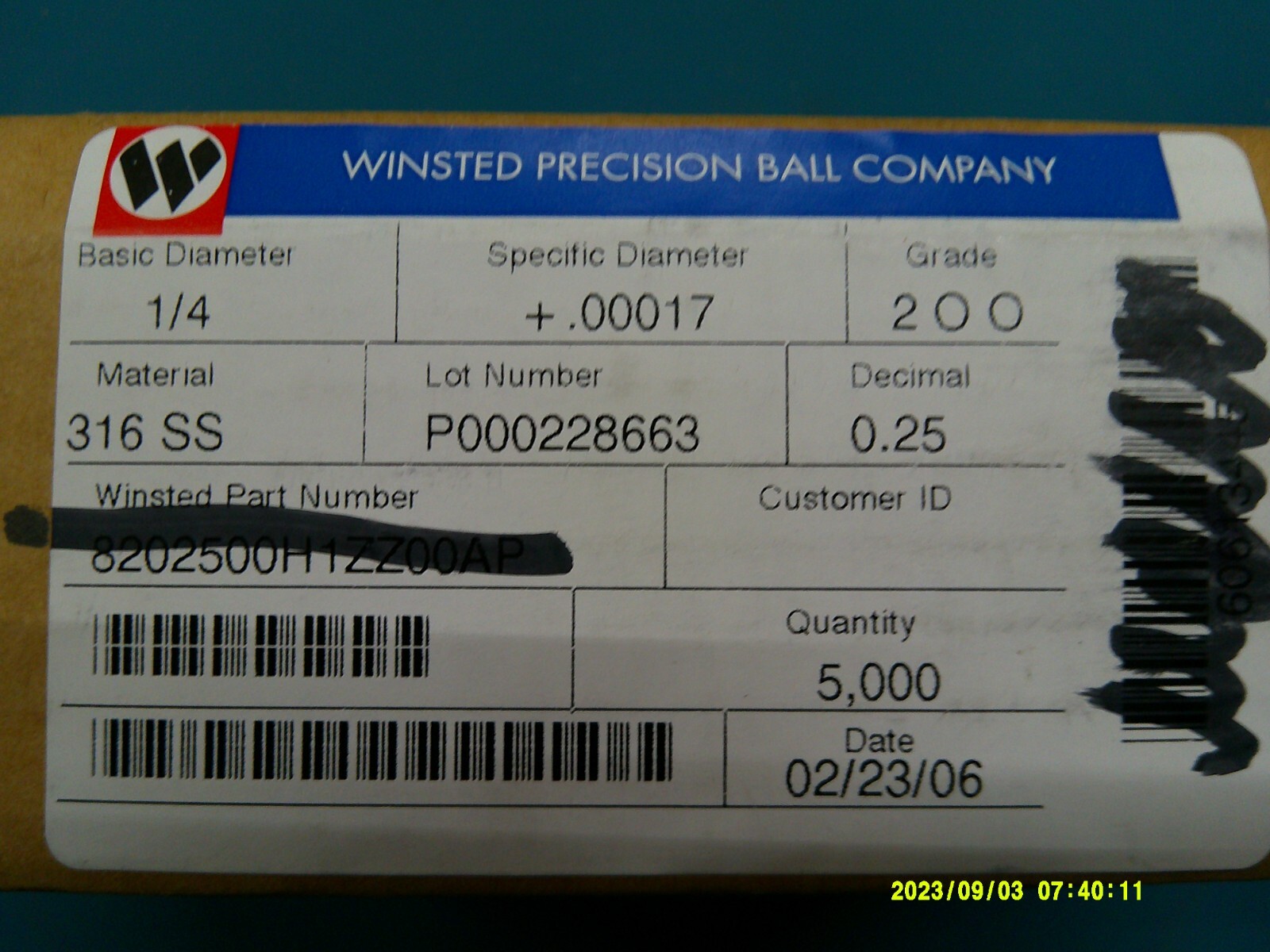 Winsted Precision Ball Bearings 1/4″ Dia 316 SS Grade 200 Qty 5000