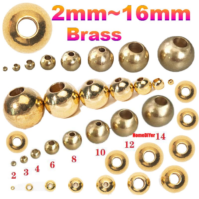 Loose Brass Balls With Hole Solid Perforated Metal Beads DIY Diameter 2mm~16mm