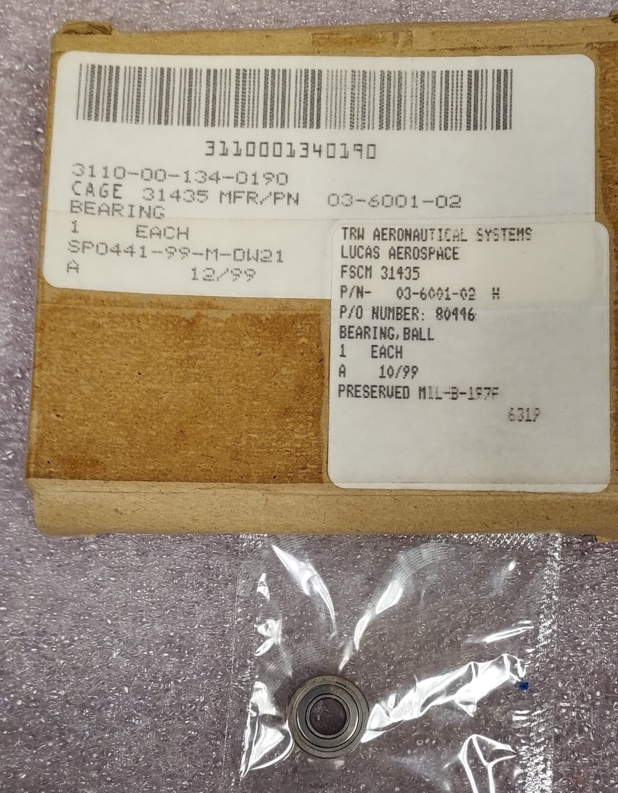 ‘1 PIECE’ – PN# R-4ZZR, 03-6001-02, R4ZZ – BEARING, BALL