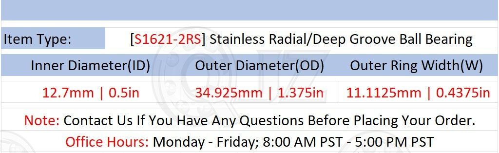 [Qty.10] New S1621-2RS Stainless Ball Bearing [0.5″ Bore x 1.375″ OD x 0.438″ W]
