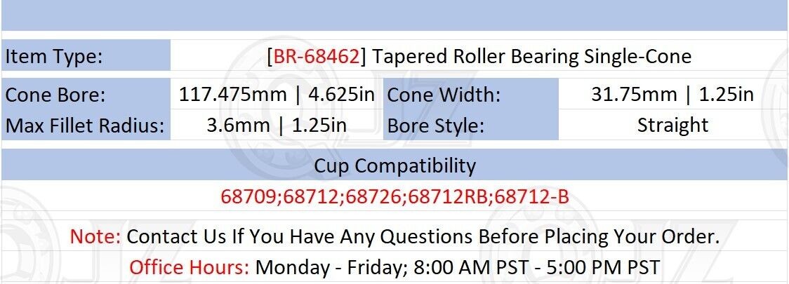 [Qty.2] BR-68462 Tapered Roller Bearing Single-Cone [4.625in Bore x 1.25in W]