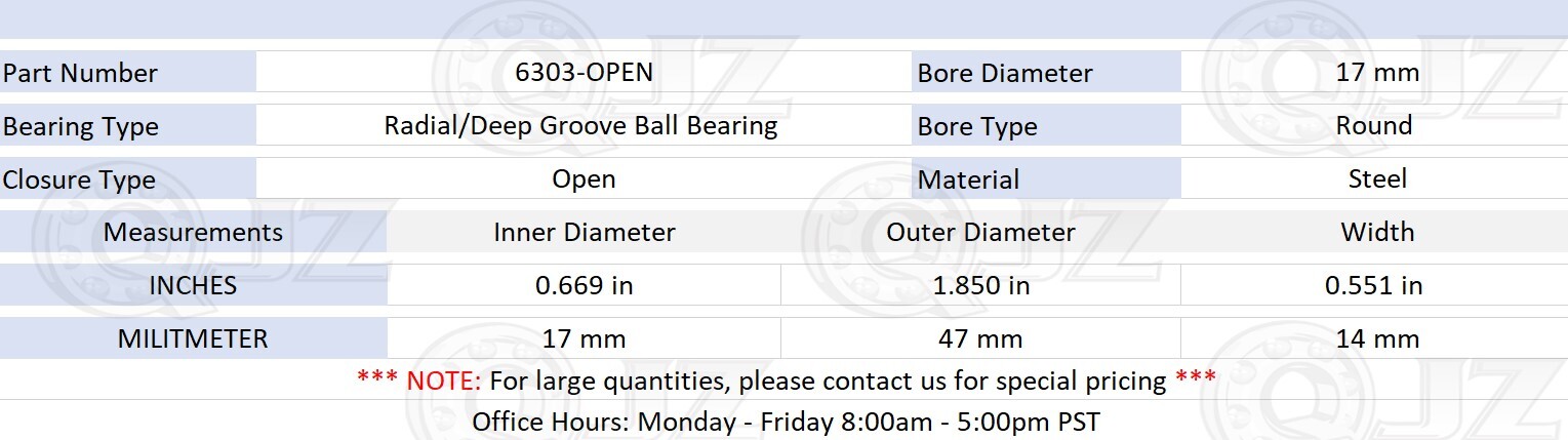 [Qty.2] 6303-OPEN Deep Groove/Radial Ball Bearing [17mm ID x 47mm OD x 10mm W]
