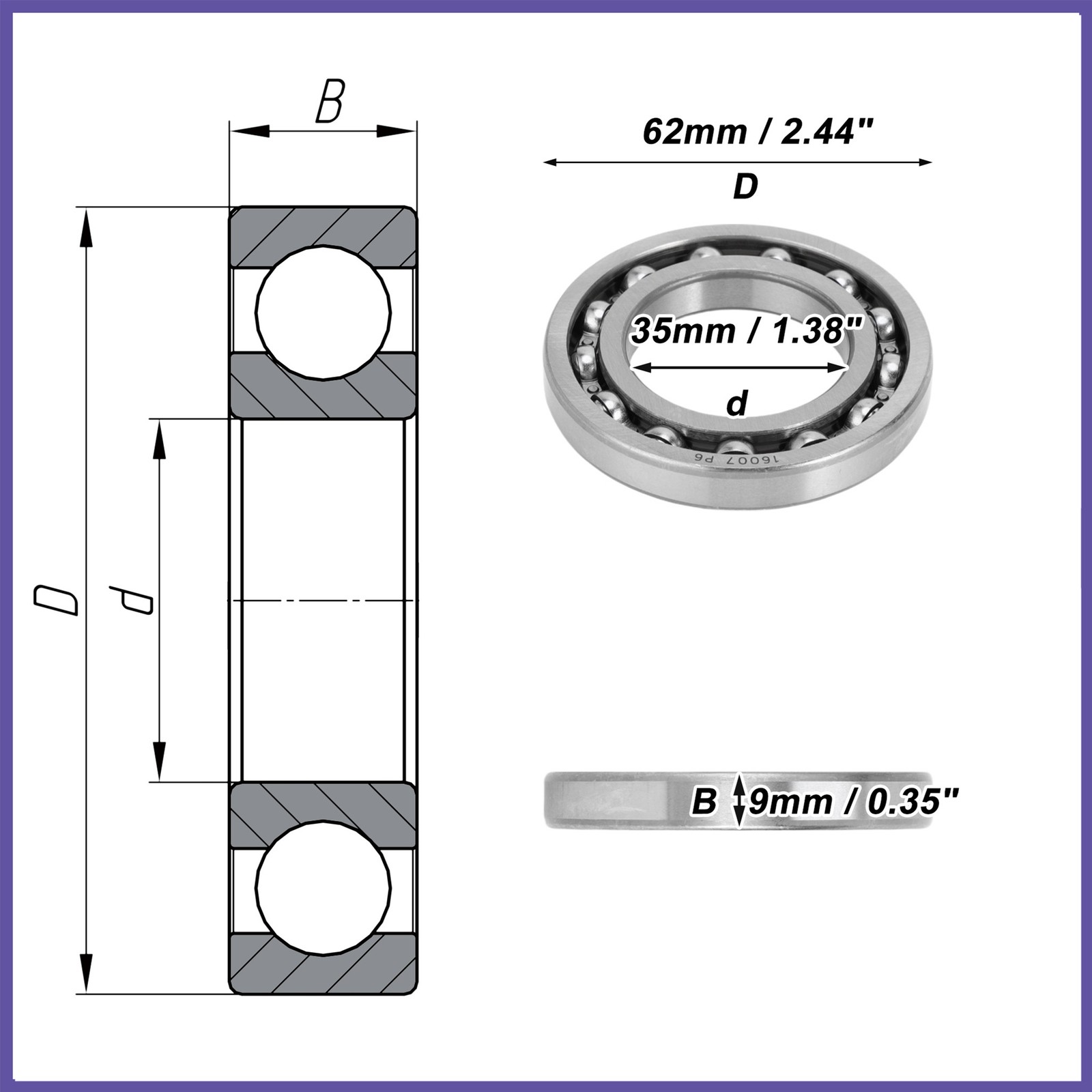 16007 Deep Groove Ball Bearings 35x62x9mm 1Pc Scooter Skateboard Wheel