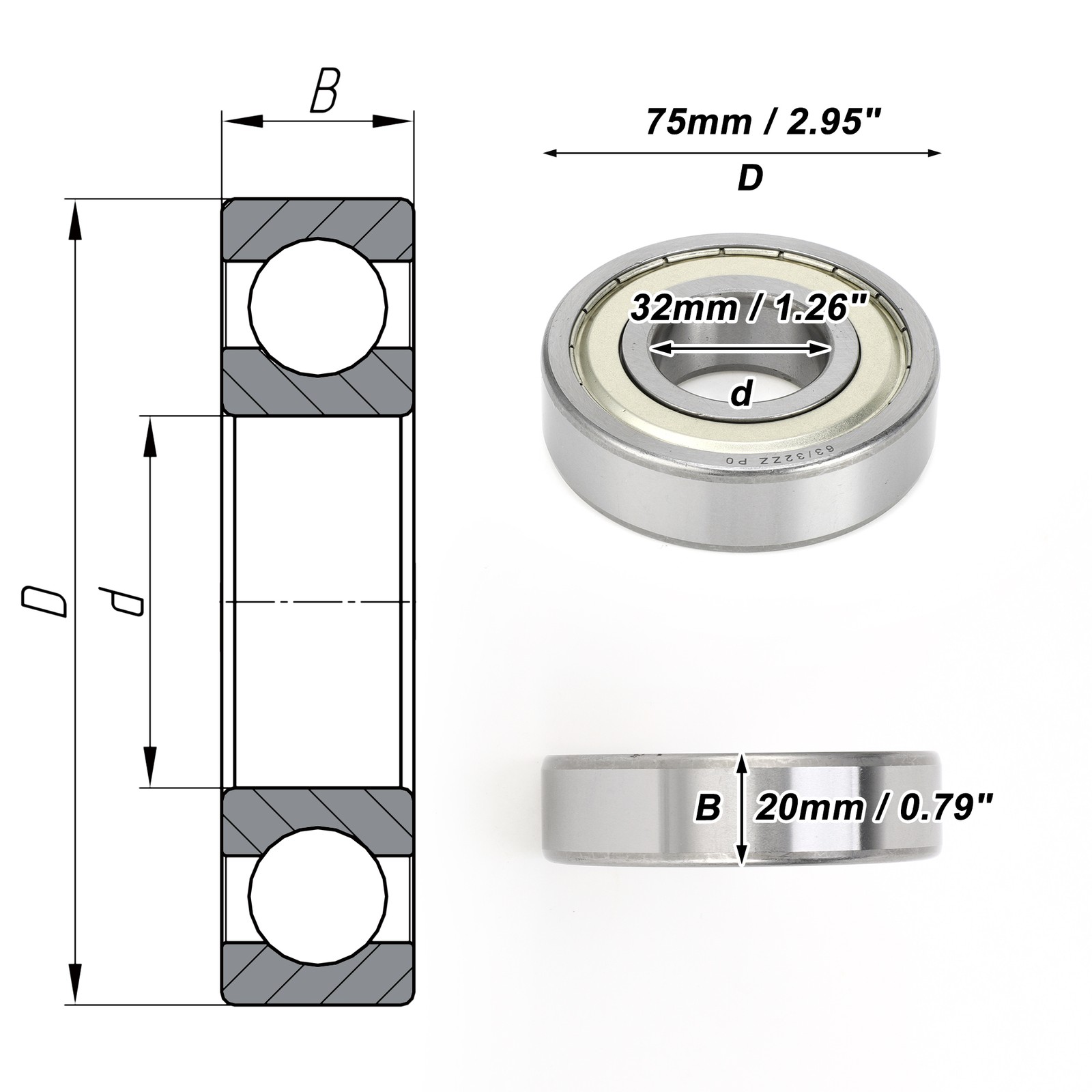 63/32ZZ Deep Throat Ball Bearings 32x75x20mm 1pc Skateboard Wheel