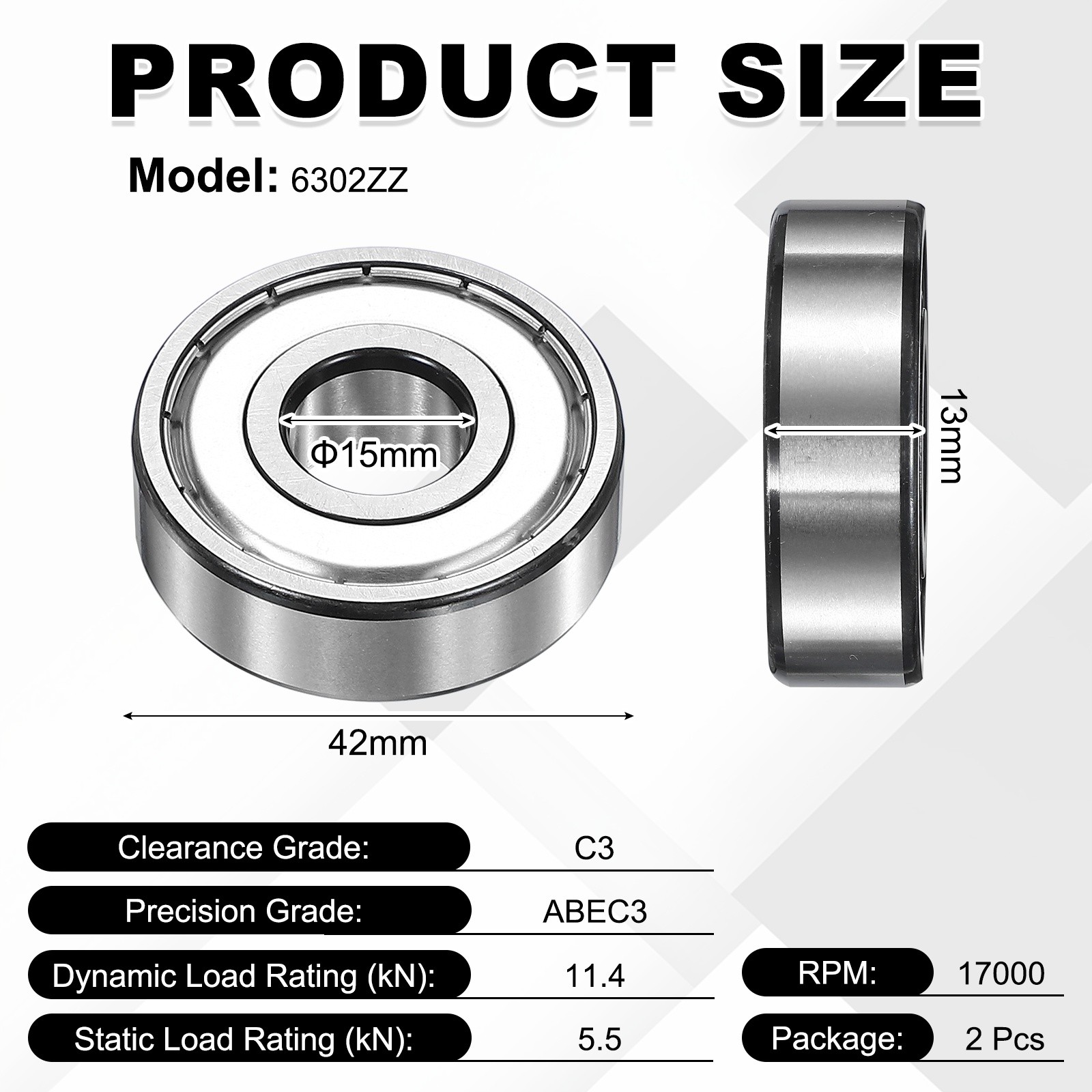 2Pcs 6302ZZ Deep Groove Ball Bearing 15x42x13 mm Double Shielded Chrome Steel