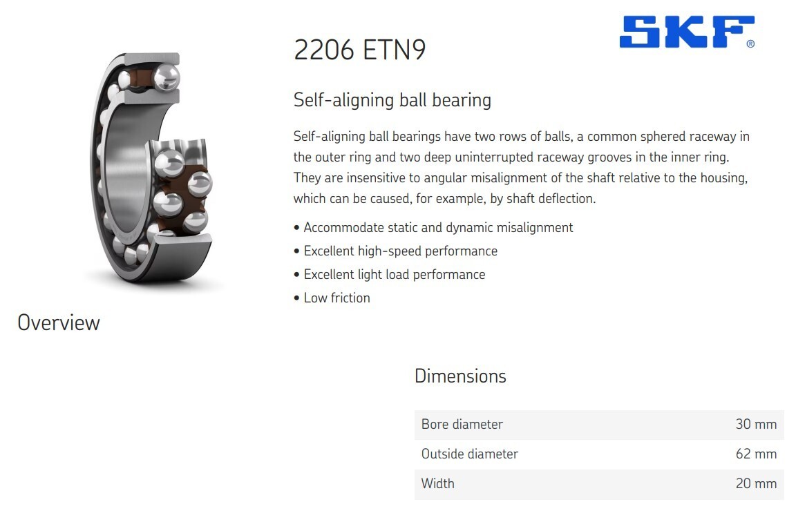 One (1) SKF 2206 ETN9 Self-Aligning Bearing 30MM ID NEW