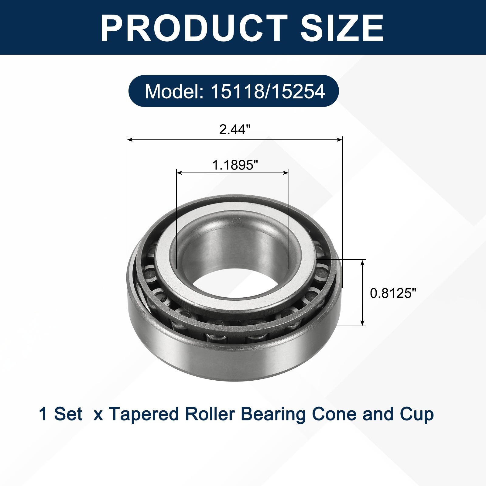 1Set 15118/15254 Tapered Roller Bearing Cone and Cup, 1.1895 x 2.44 x 0.8125″