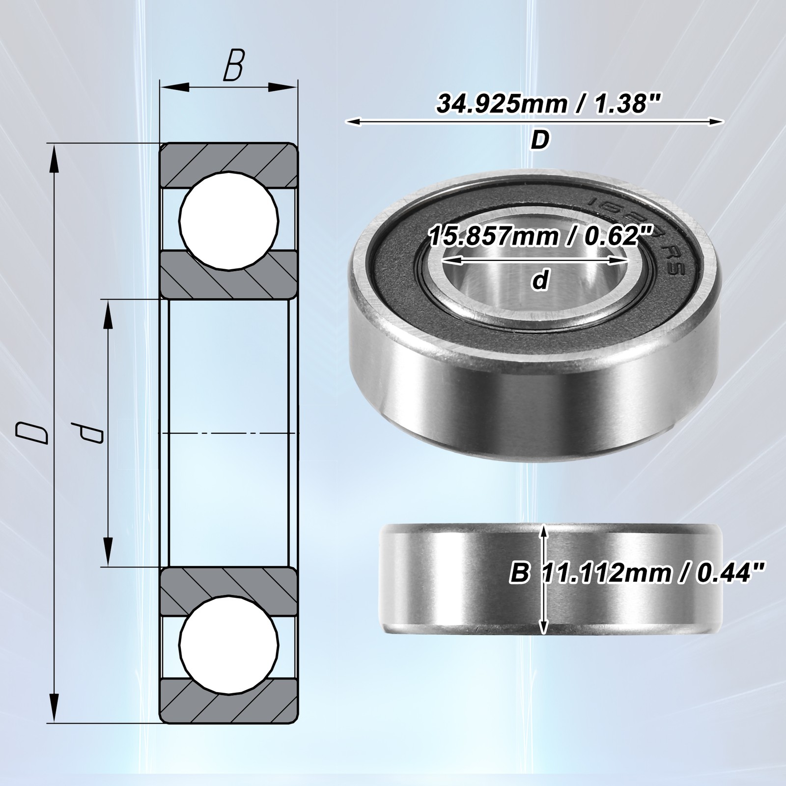 2 Pcs 1623-2RS 15.857×34.925×11.112mm Single Row Deep Groove Ball Bearings