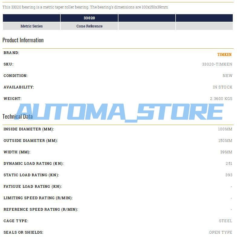 1PC NEW TIMKEN 33020 Taper Roller Bearing 100x150x39mm. #AM