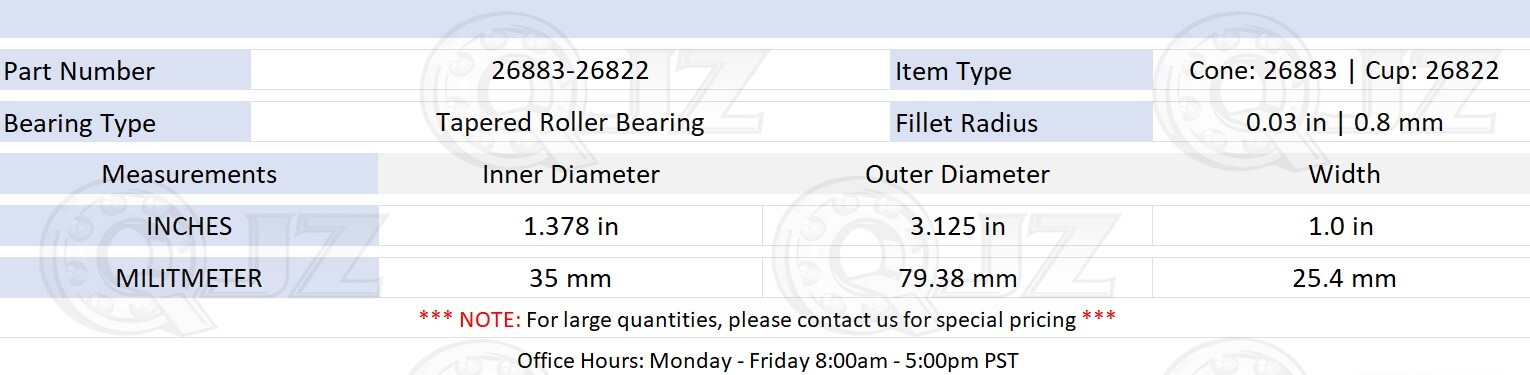 [2-Pack] 26883-26822 Tapered Roller Bearing Set 1.378″ x 3.125″ x 1.0″ (IDxODxW)