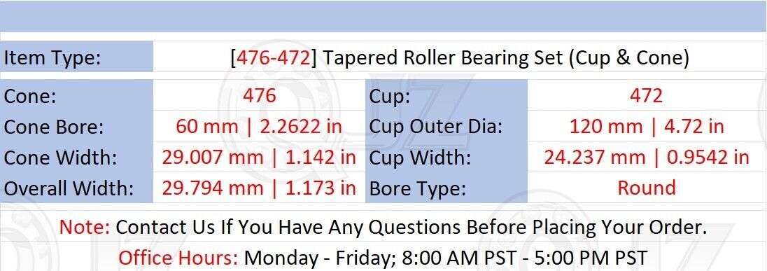 [Qty.2] 476-472 Tapered Roller Bearing Set Cone & Cup [60mm Bore x 1.173 in W]