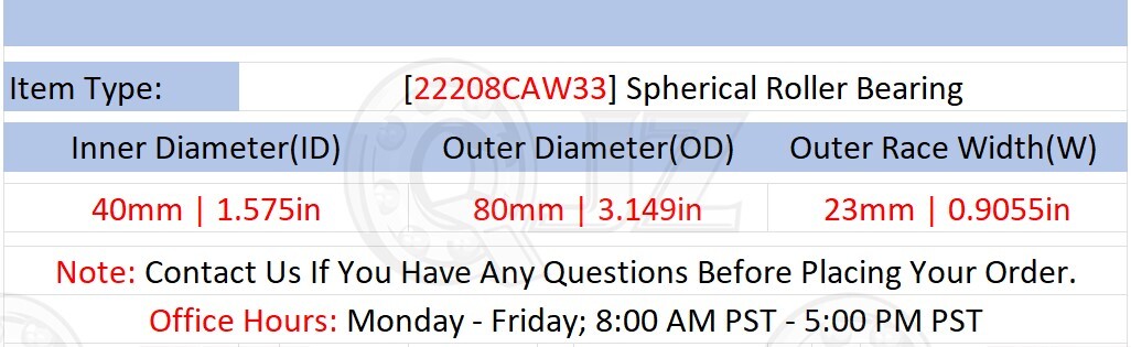 [Qty.2] New 22208CAW33 Spherical Roller Bearing [40mm Bore x 80mm OD x 23mm W]