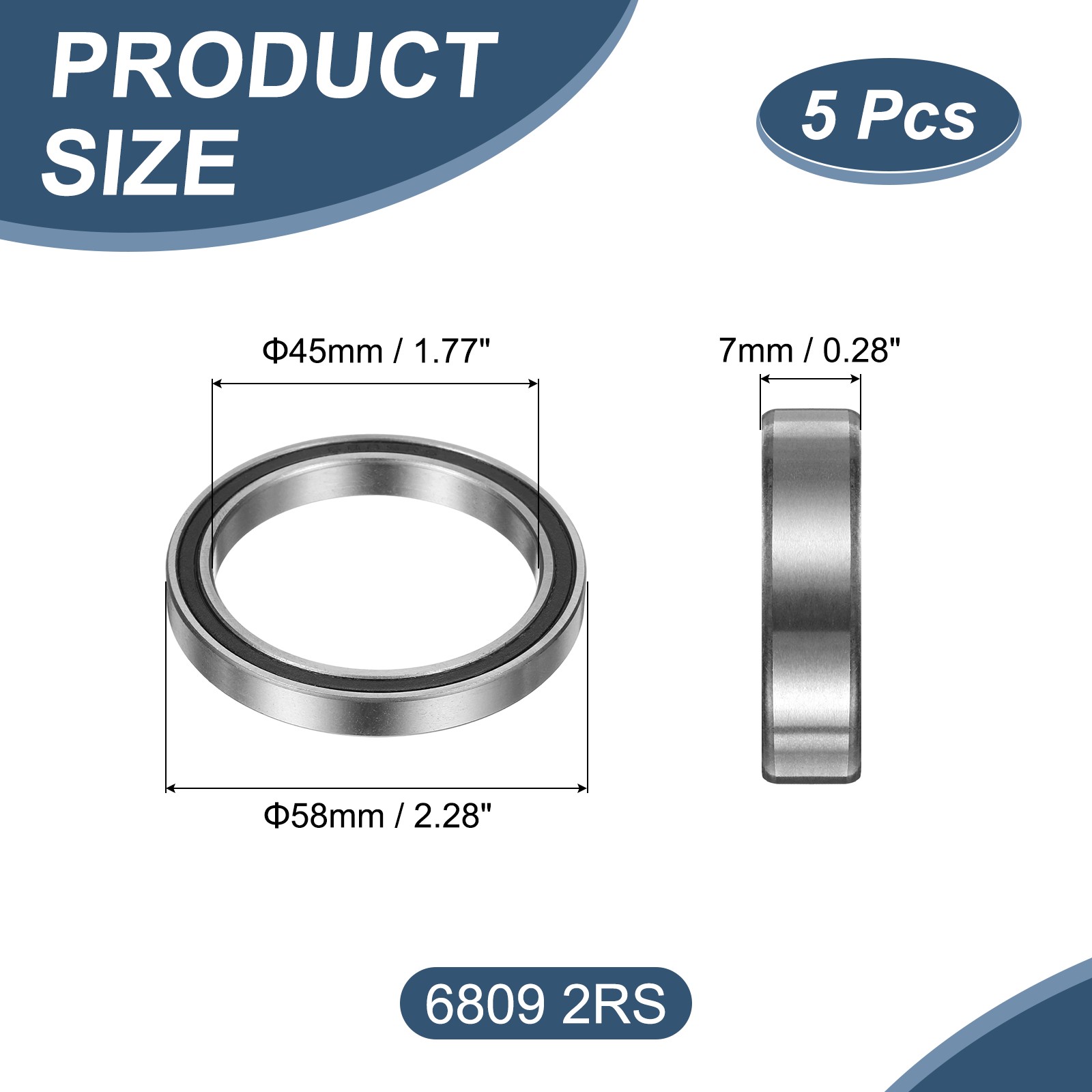 5 Pack 45 x 58 x 7mm 6809 2RS Deep Groove Ball Bearings, ABEC5