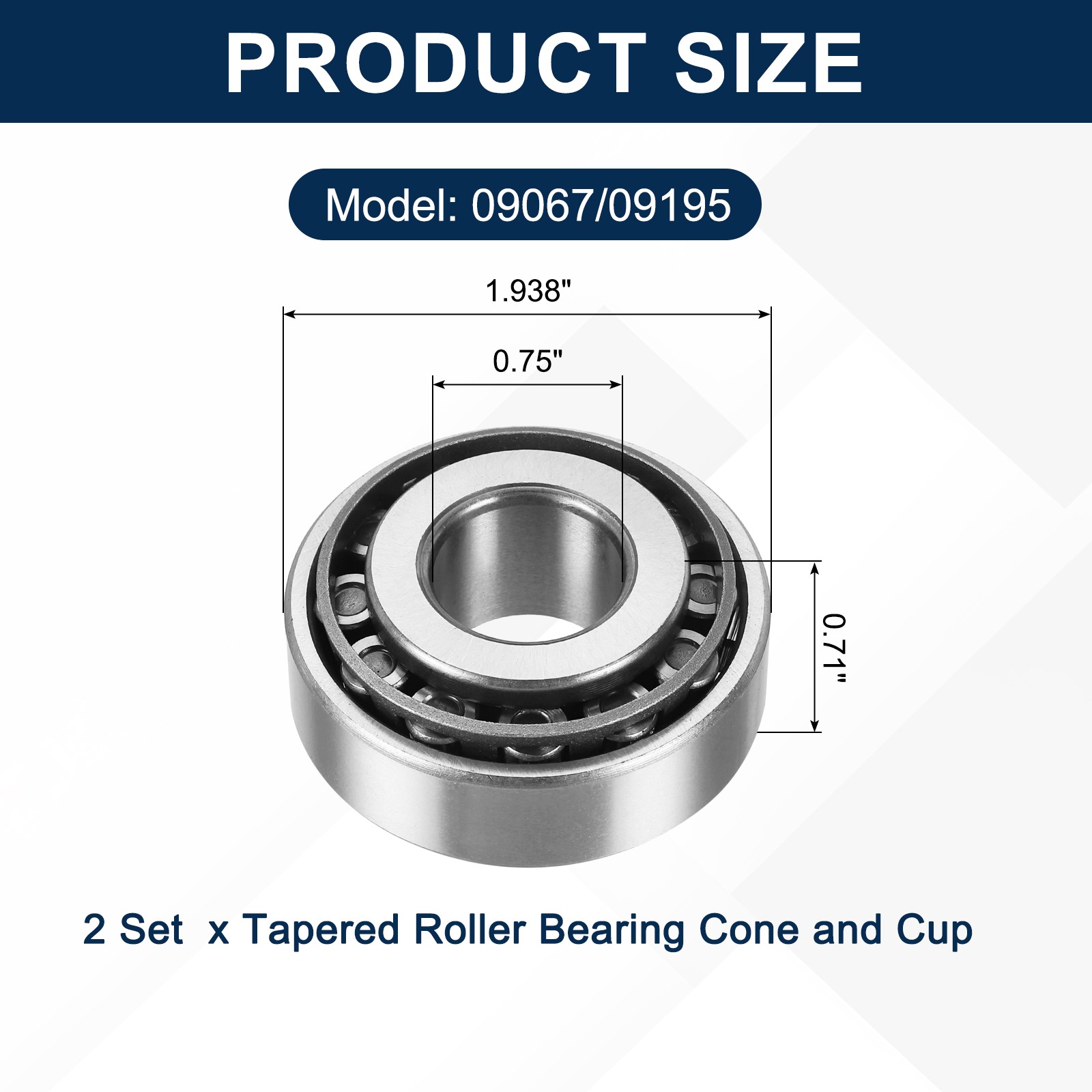 2Sets 09067/09195 Tapered Roller Bearing Cone and Cup, 0.75×1.938×0.71″