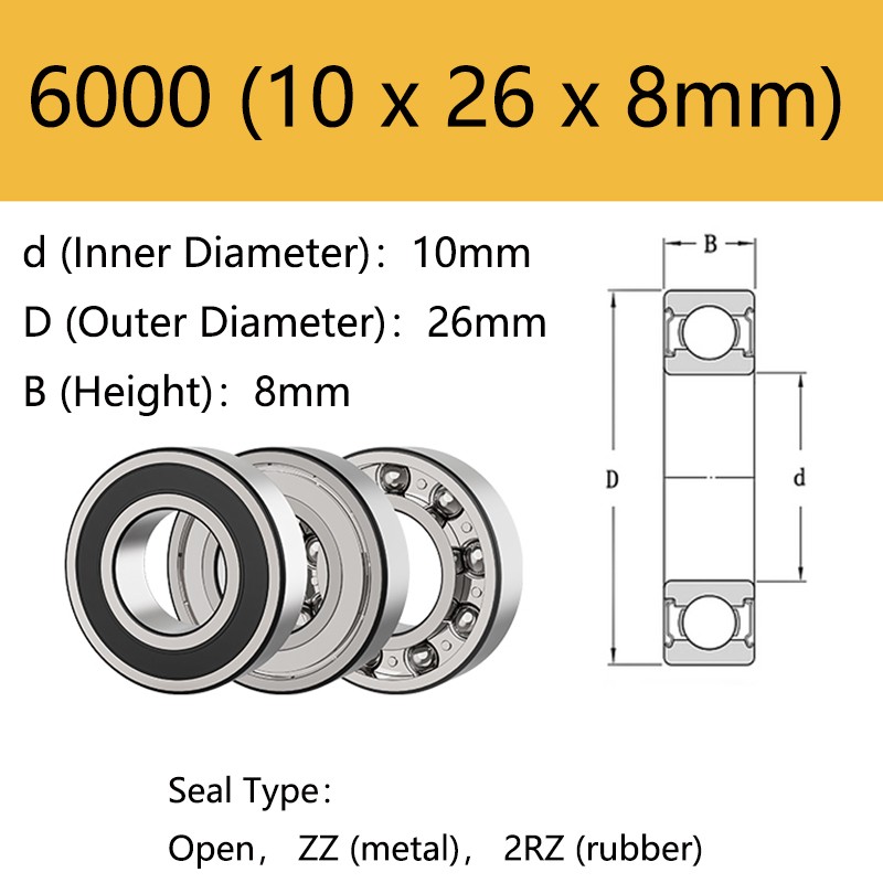 6000 – 6306 Ball Bearings with Rubber/Metal Seals (2RS/ZZ), Choose Your Size
