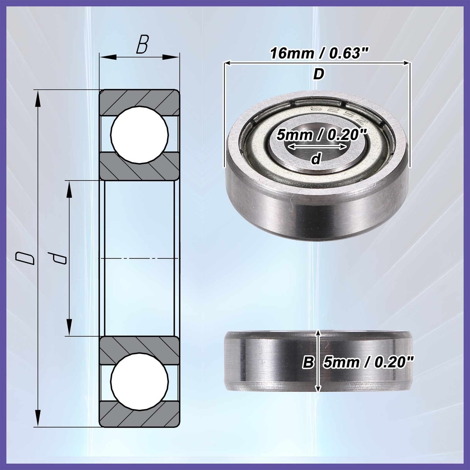 5Pcs 625ZZ 5x16x5 mm Double Metal Shield Single Row Deep Groove Ball Bearings
