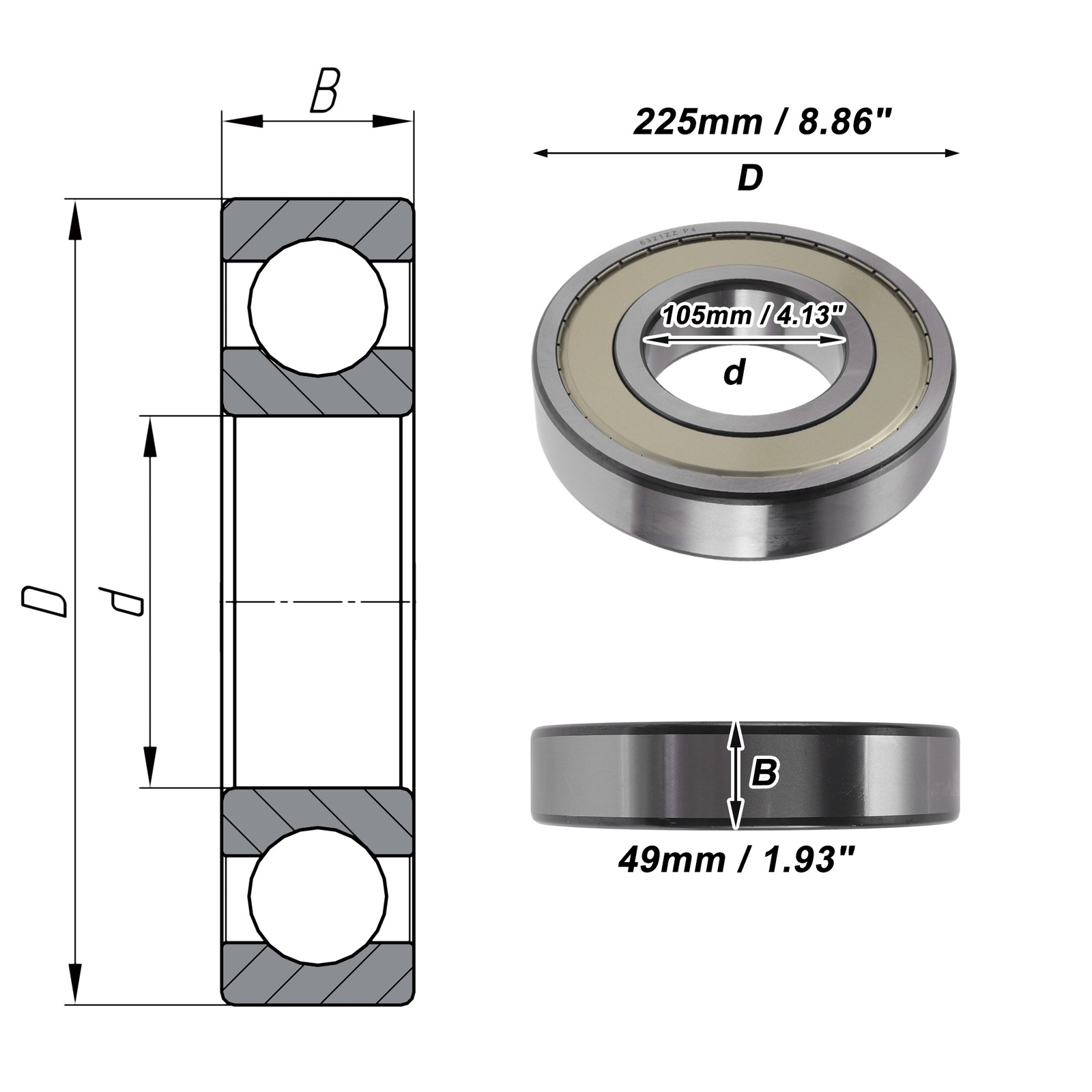 6321ZZ Deep Groove Ball Bearings 105x225x49mm Silver Tone