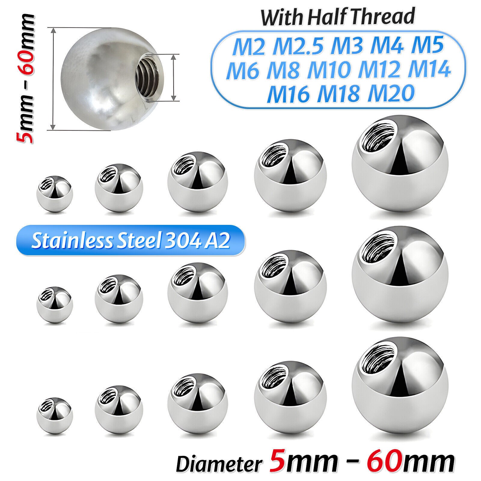 Ø 5mm-60mm Stainless Steel Ball Bearing With Half Thread M2 M2.5 M3 M4 M5 TO M20