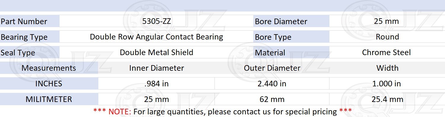 [Qty.2] 5305-ZZ Angular Contact Ball Bearing [25mm Bore x 62mm OD x 25.4mm W]
