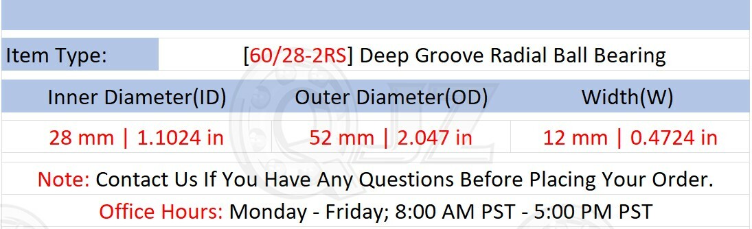 [Qty.10] 60/28-2RS Deep Groove Radial Ball Bearing [28mm ID x 52mm OD x 12mm W]