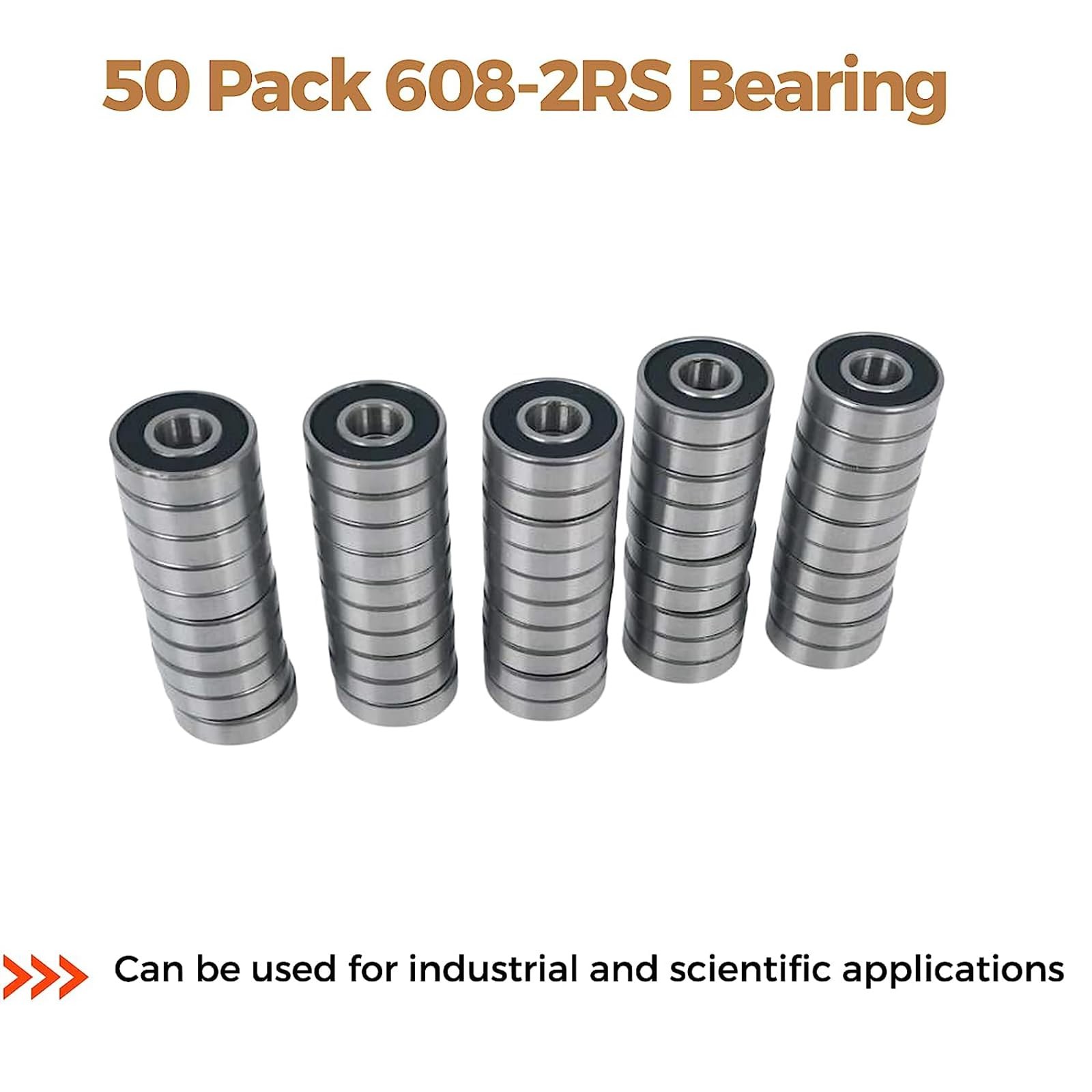 608 2RS Bearings, 50 Pack 608 Bearing, 8x22x7mm RS Ball 50 Pack, Black