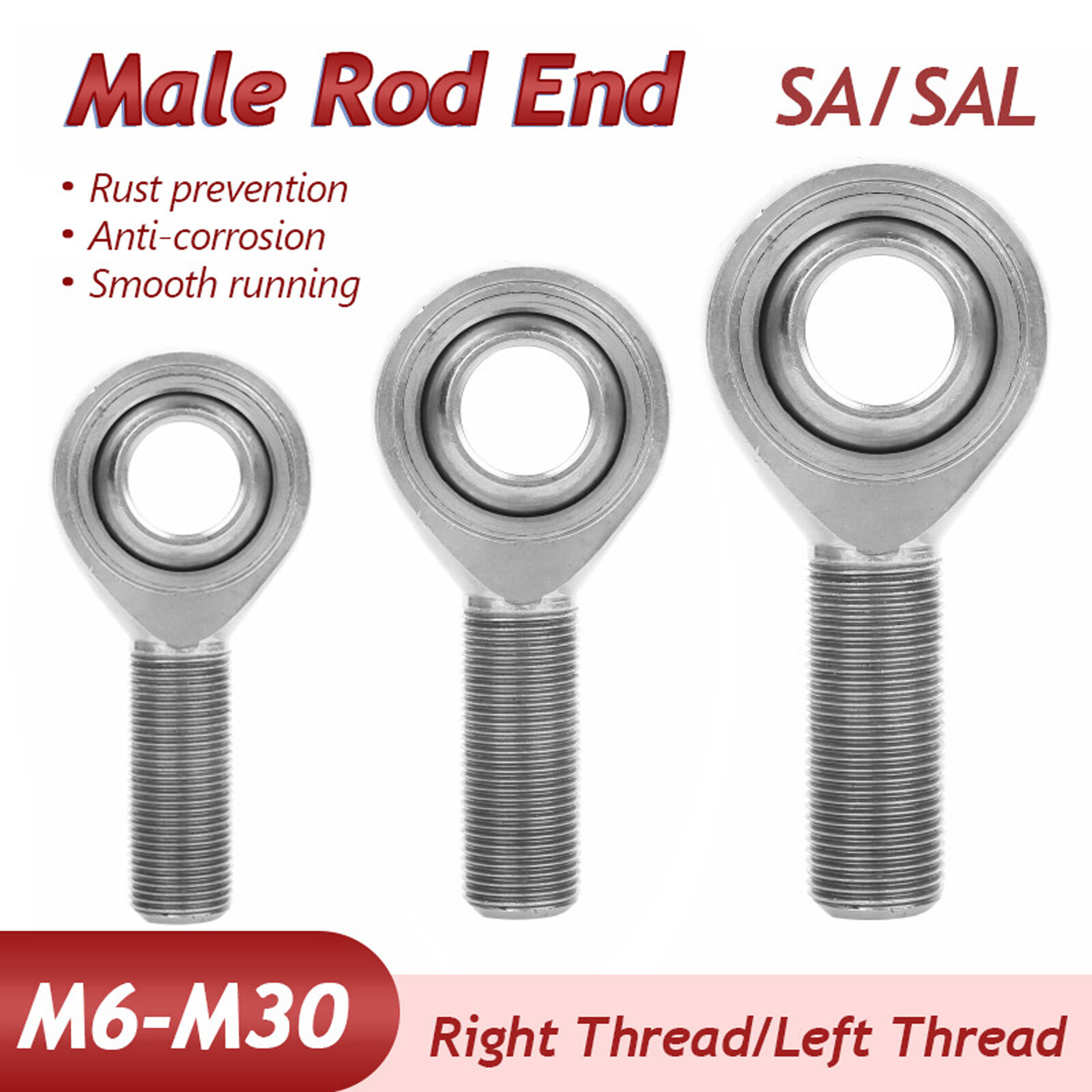 A2 Stainless Steel Bearing Rose Joint Male Rod End, Left / Right Thread M6-M30
