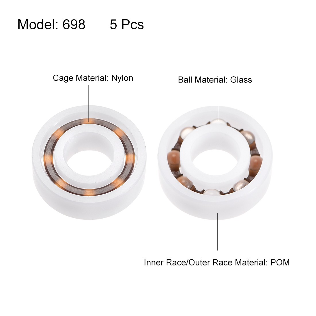 698 Plastic Bearings 8x19x6mm Glass Ball Nylon Cage 5pcs