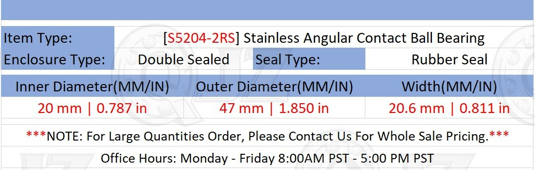 [Qty.10] S5204-2RS Stainless Angular Contact Ball Bearing [20mm X 47mm X 20.6mm]